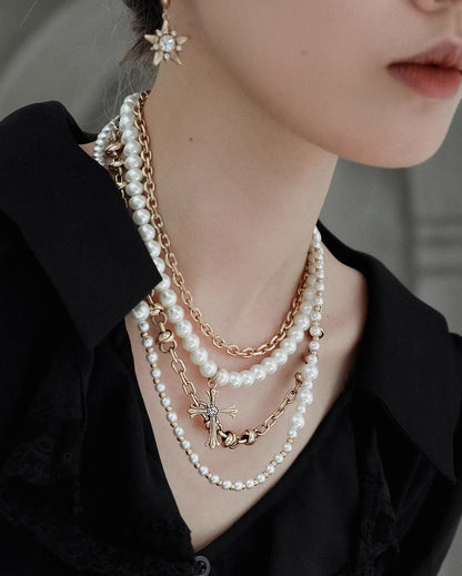 Literary Fosun Cross Layer Pearl Necklace
