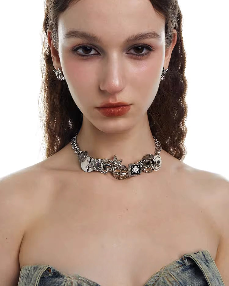 Leather rose metal button choker