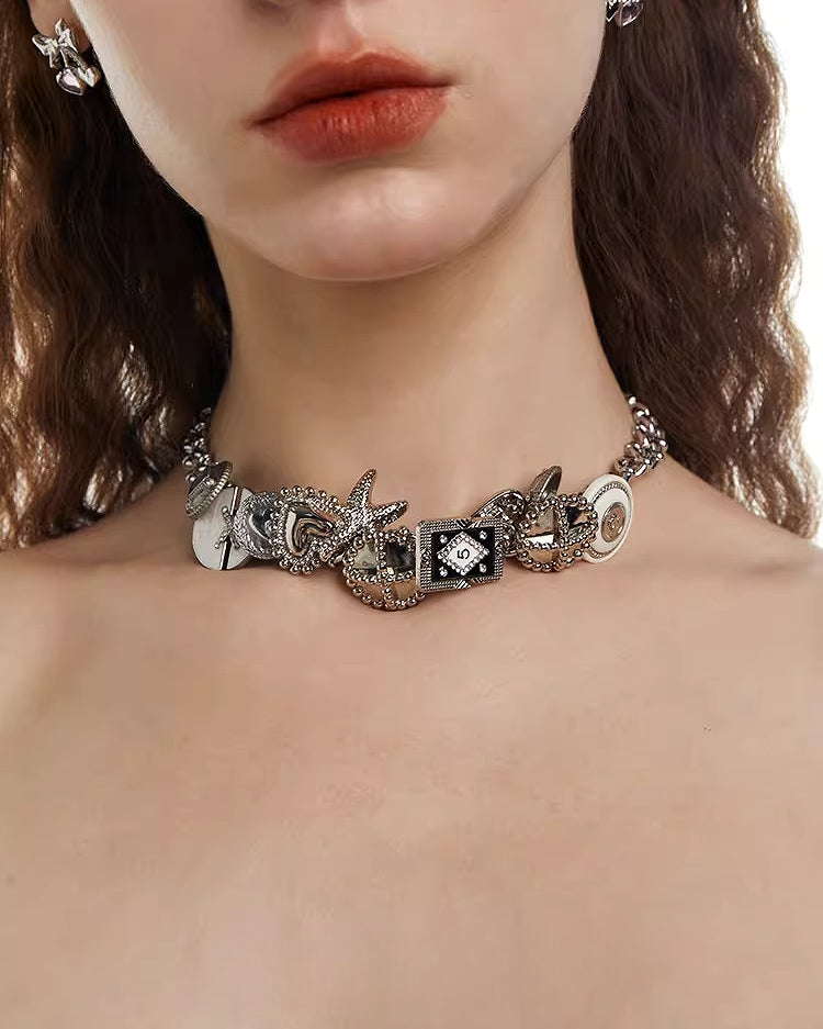 Leather rose metal button choker