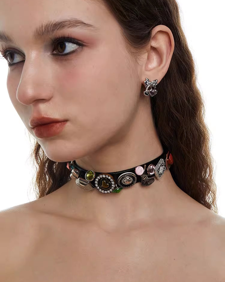 Leather Rose Colorful Button Choker